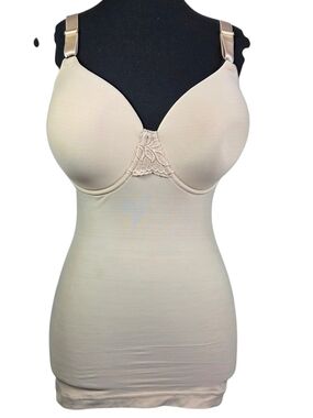 Shapeez Tankee Long Nude Shaping Camisole with Built-In Bra and Lace Trim Size L